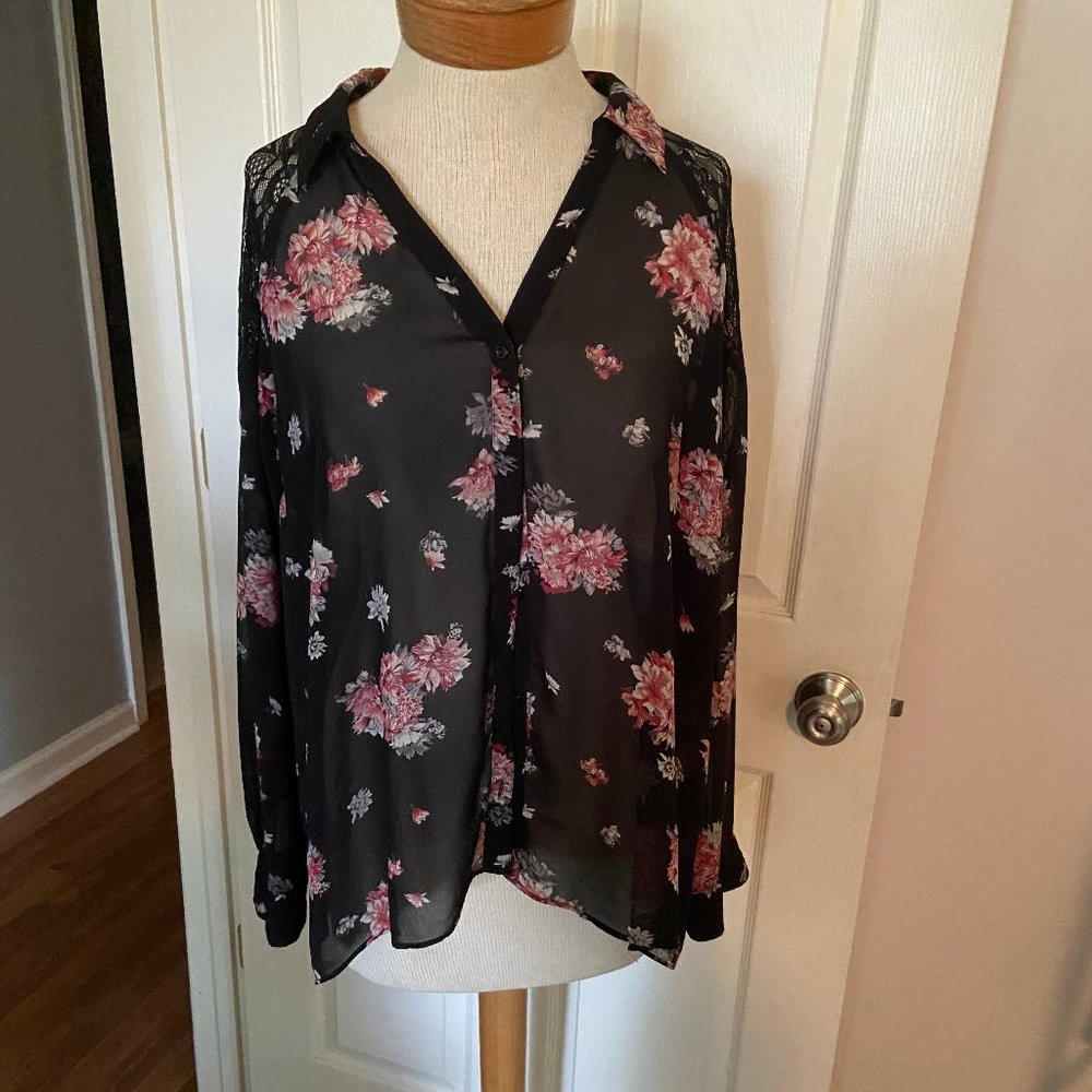 LC Lauren Conrad black floral sheer button down